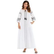 Long Ballon Sleeved Modest Dress With Embroidery