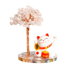 Raw Quartz Crystal Raw Stone with Colorful Resin Base Lucky Cat Ornament