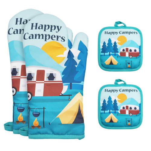 Happy Camper Oven Mitts and Pot Holders Sets, Heat Resistant Camping Pot Holder, Camping Kitchen Set 4pcs