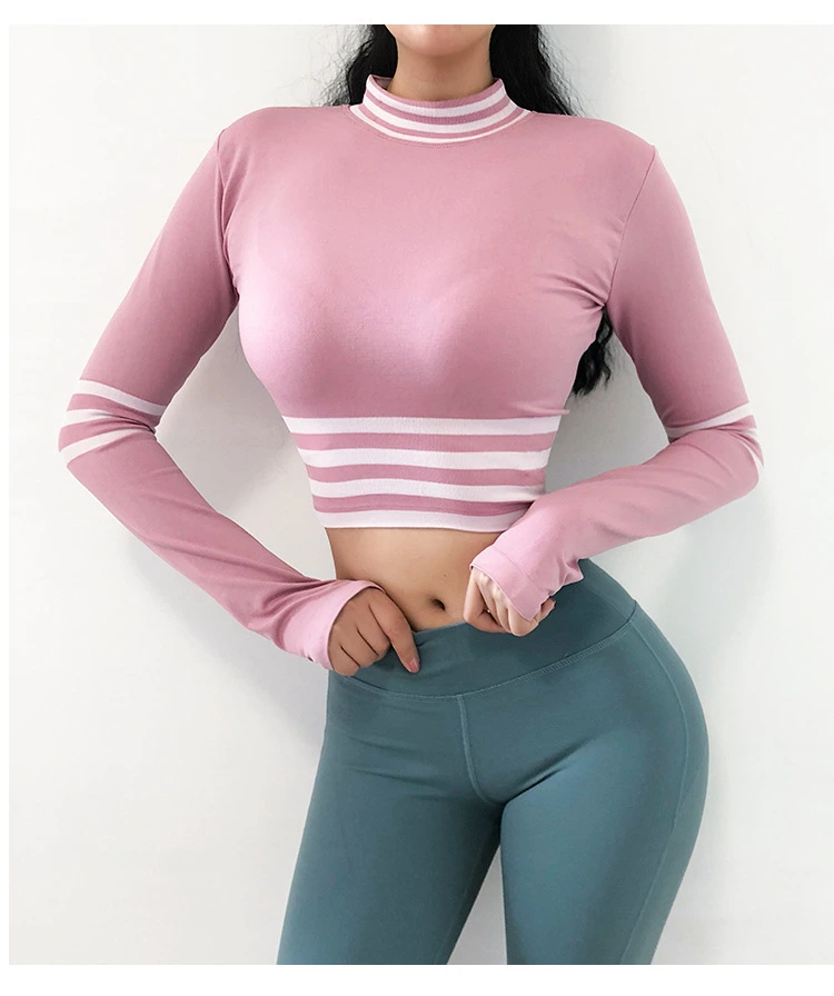 Women Long Sleeve Workout Fitness Clothing Sport Seamless Striped Gym Yoga Crop Top with Thumb Hole