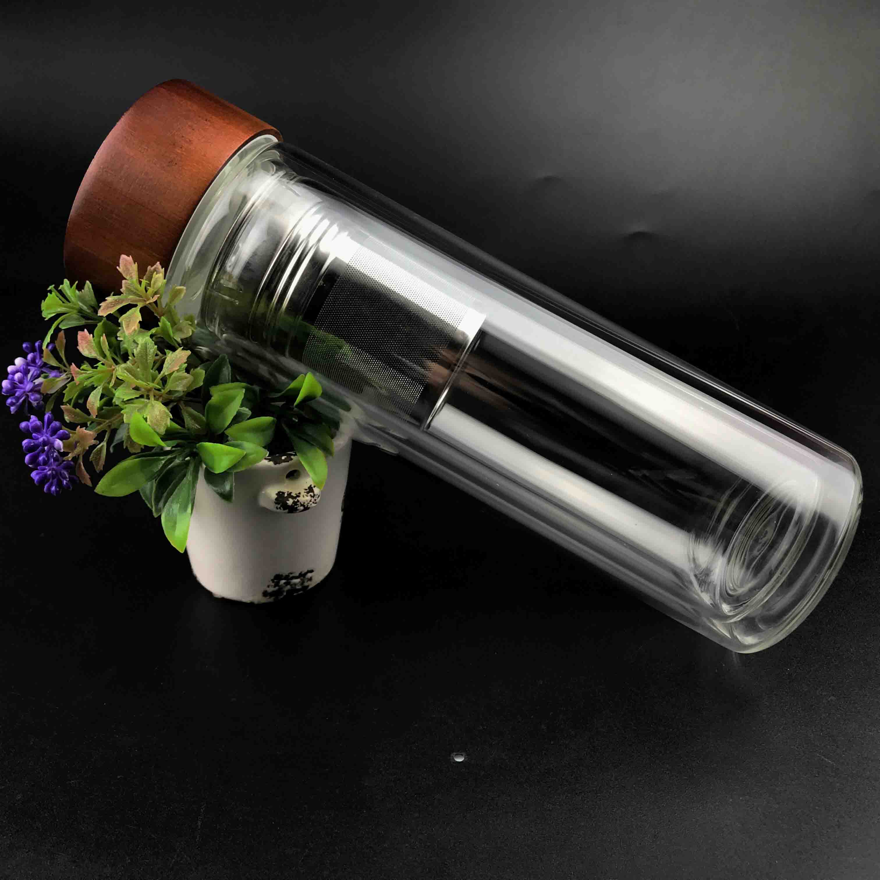 Hot Sale 450ml Bamboo Cover Double Wall Glass Water Bottle With Tea Cup Infuser