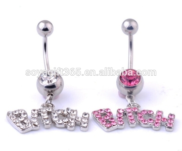 Crystal Body Piercing Surgical Button Belly Ring Jewelry Navel Bar BITCH