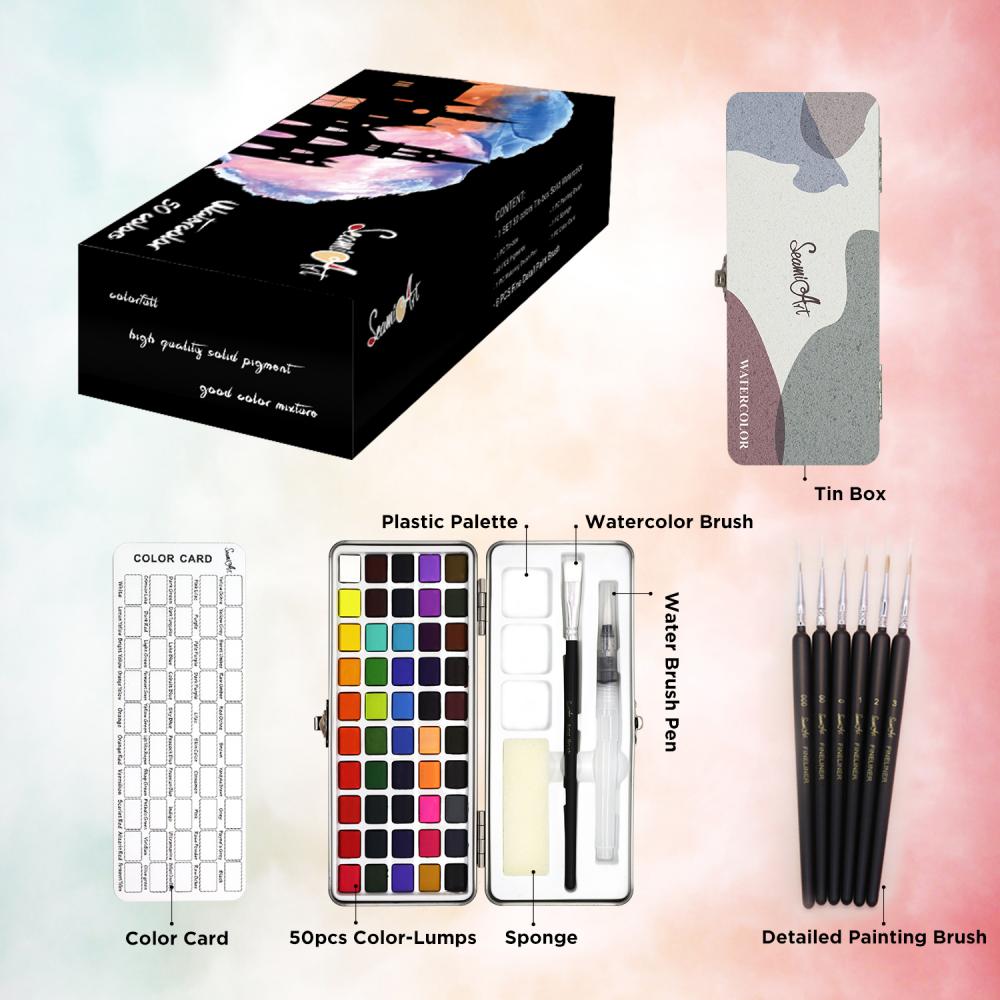 50 colors solid watercolor paints, portable watercolor kit, gift set