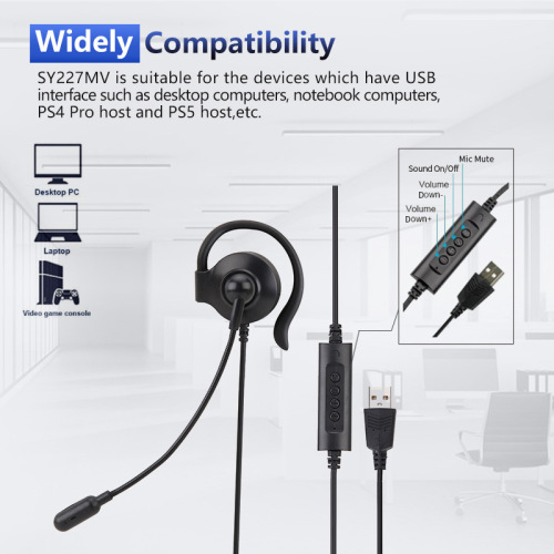 卸売モノモノ電話Earhook 3.5mm USBワイヤーコントロールヘッドセット