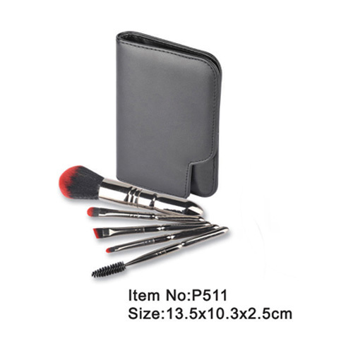 5pcs kit de brosses de maquillage portable avec étui PU noir
