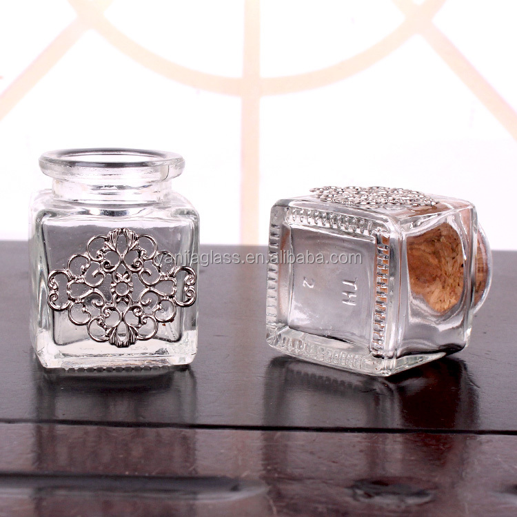 square hot stamping silver glass jar 35ml 1oz with cork lid