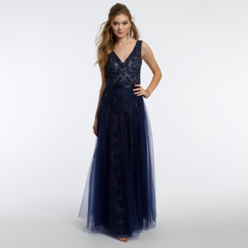 OEM blue V neck embroidery illusion prom girls dress formal wears evening gowns