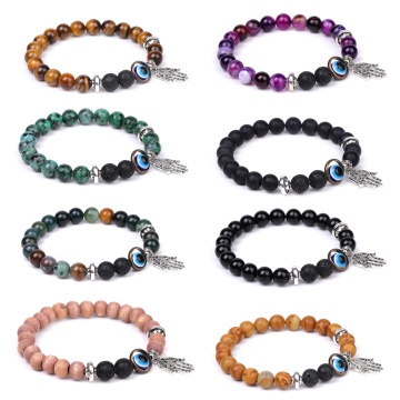 Gemstone 8mm Round Beads with Evil eye and Hand Alloy Pendant Bracelet Natural Stone Beads Stretch Bracelet Crystal Beads Bangle