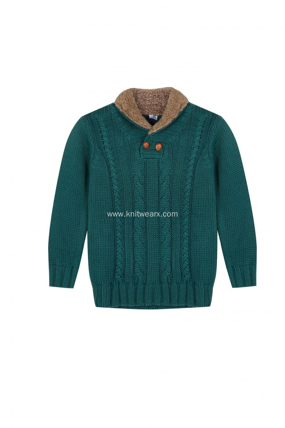 Boy's Knitted Cable Front Buttoned Shawl Neck Pullover