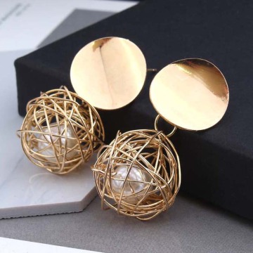 South Korea Trendy Retro Geometric Woven Ball Pearl Earrings for Women