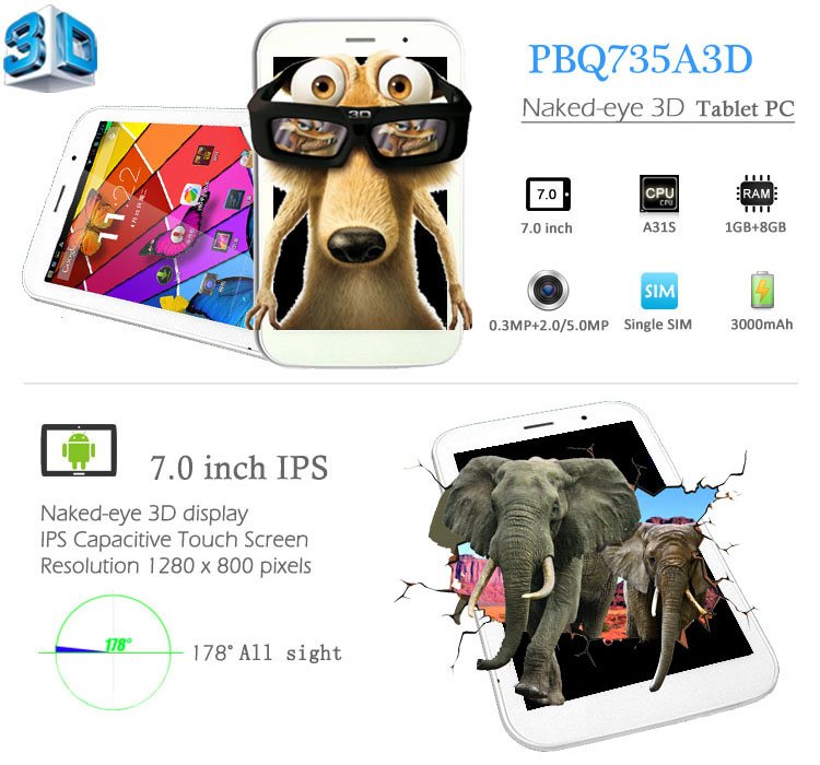 OEM 3D Tablet Without Glasses, Naked Eye 3D Tablet PC (PBQ735A3D)