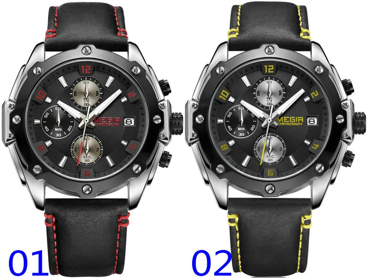 MEGIR 2074 Men Quartz Movement Wristwatches Fashion&Casual Auto Date Leather Band Alloy Case