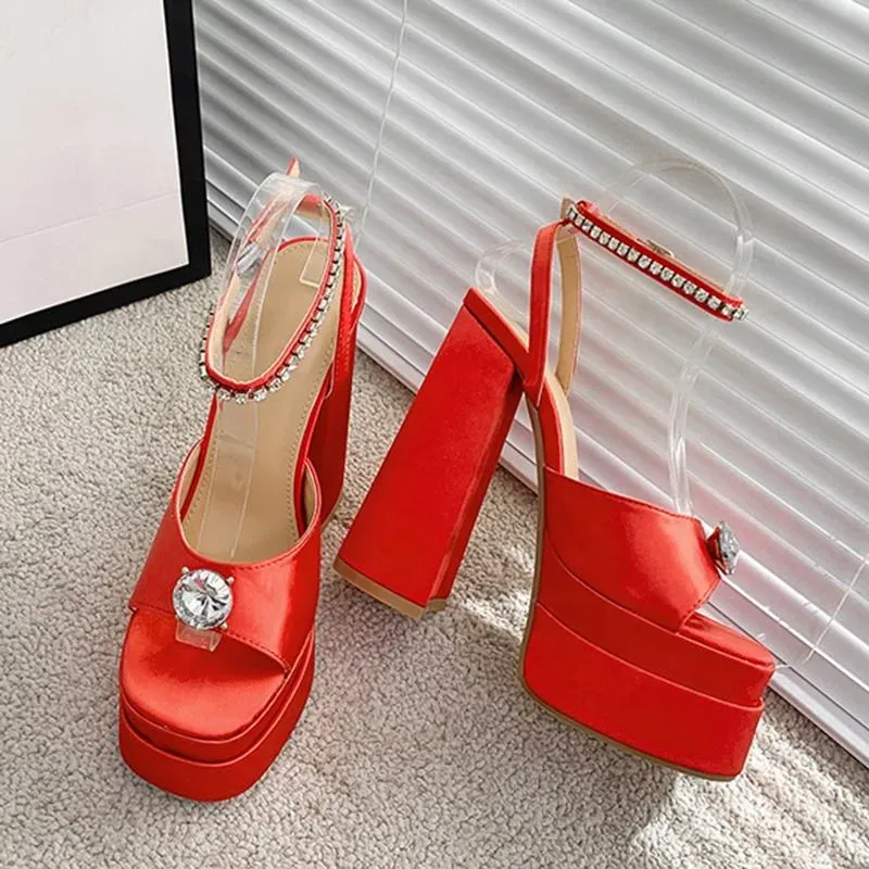 Red Sparkly Heeled Sandals with Rhinestone Straps