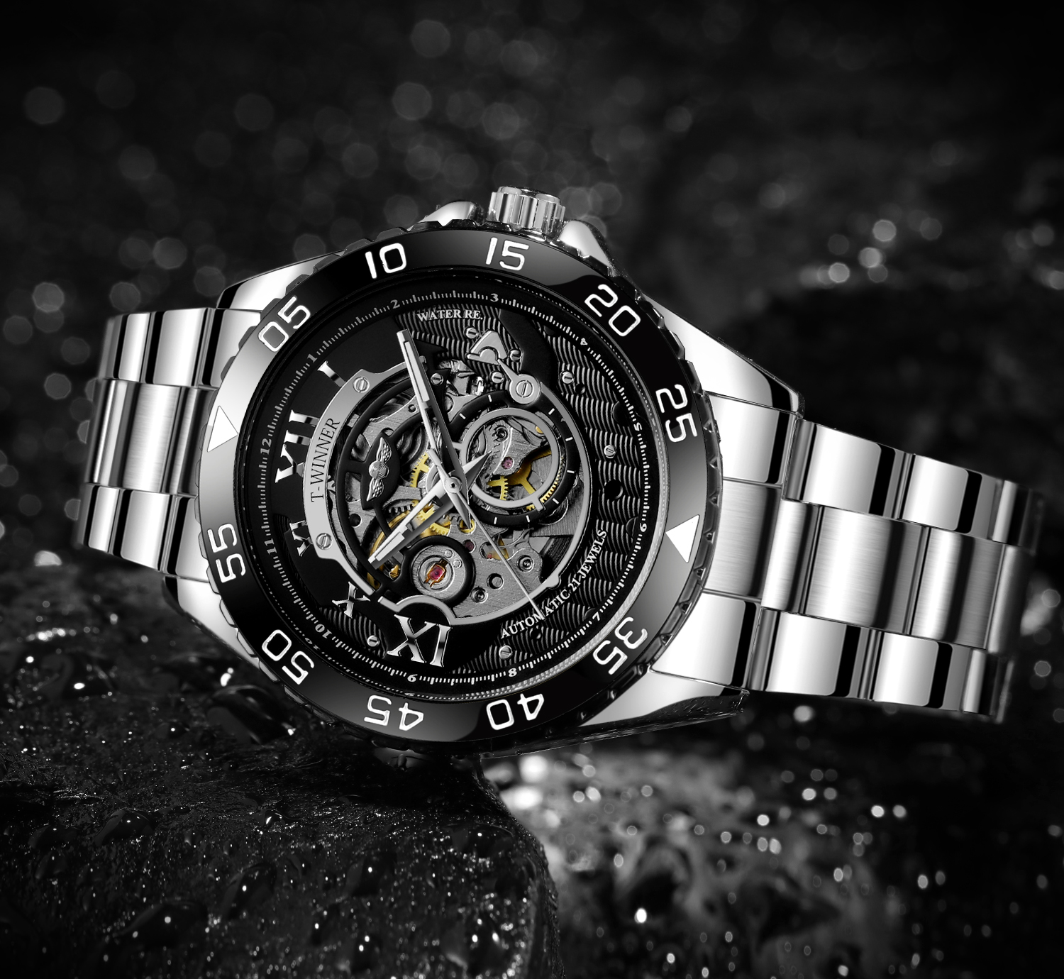 Winner 8193 Stainless Steel Mens Automatic Watches Skeleton Water Proof Winner Watch Mechanical