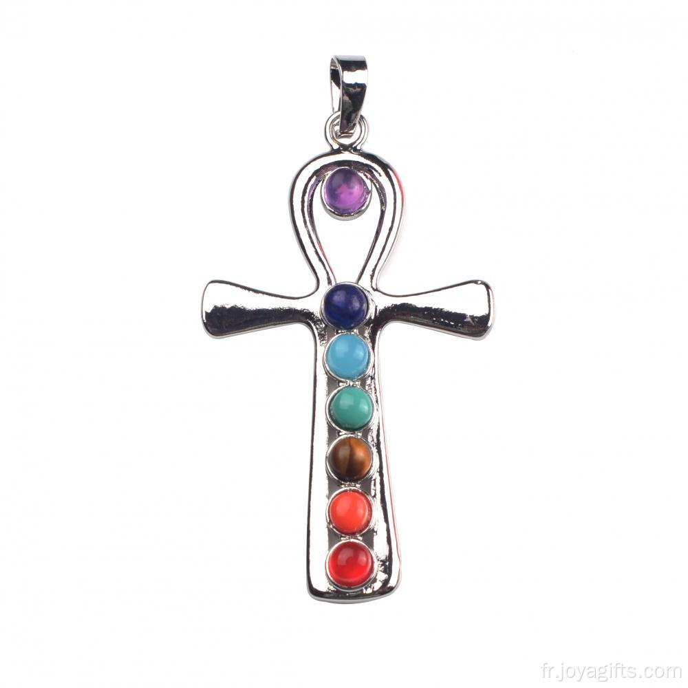 7 la guérison Chakra perles Yoga de méditation Croix pendentif forme Neacklace