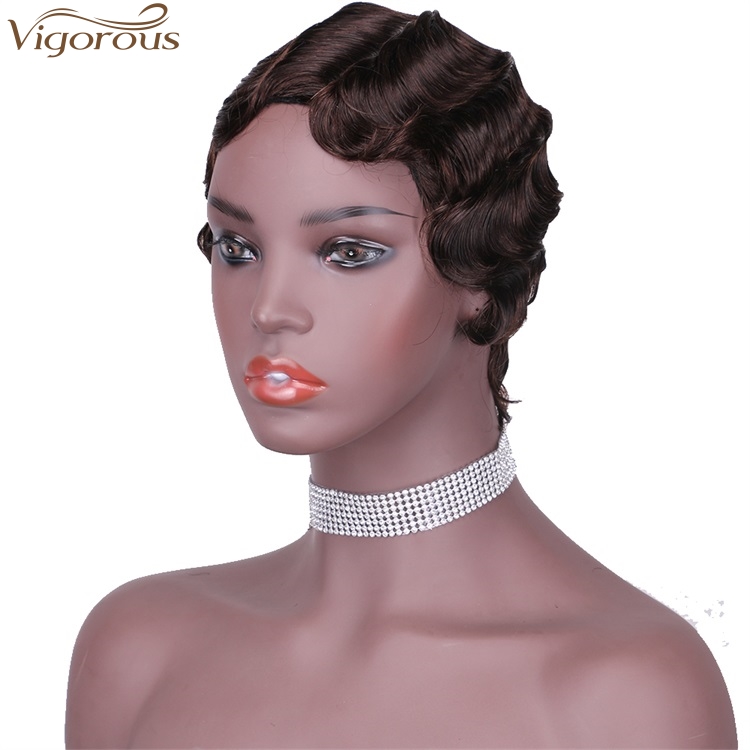 Vigorous Wholesale Price Top Quality Real Human Hair Finger Wave Wig Pixie Cut 4# Short Curly Wigs for African American Women