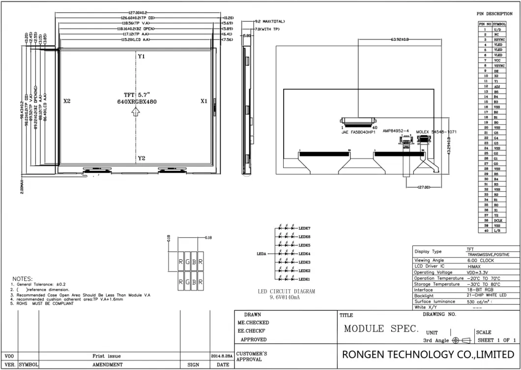 Rg057jjt-02r High Brightness Touch Panel 480X640 RGB 40pin 5.7 Inch TFT LCD Screen Module