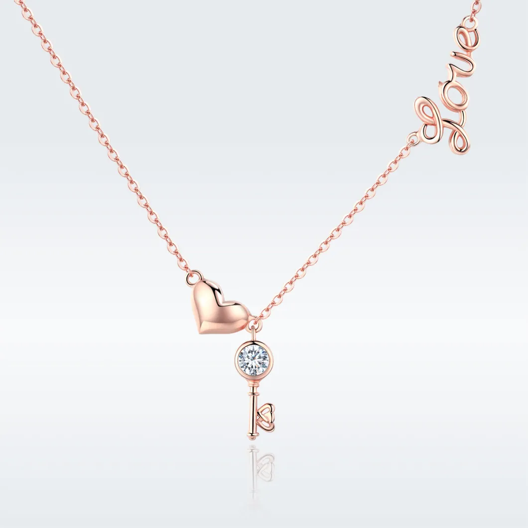 Rose Gold Plated The Key Shape CZ 925 Sterling Silver Pendant Necklace Jewelry