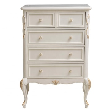White European Style Five Drawer Chest with Floral Handles and Golden Carvings