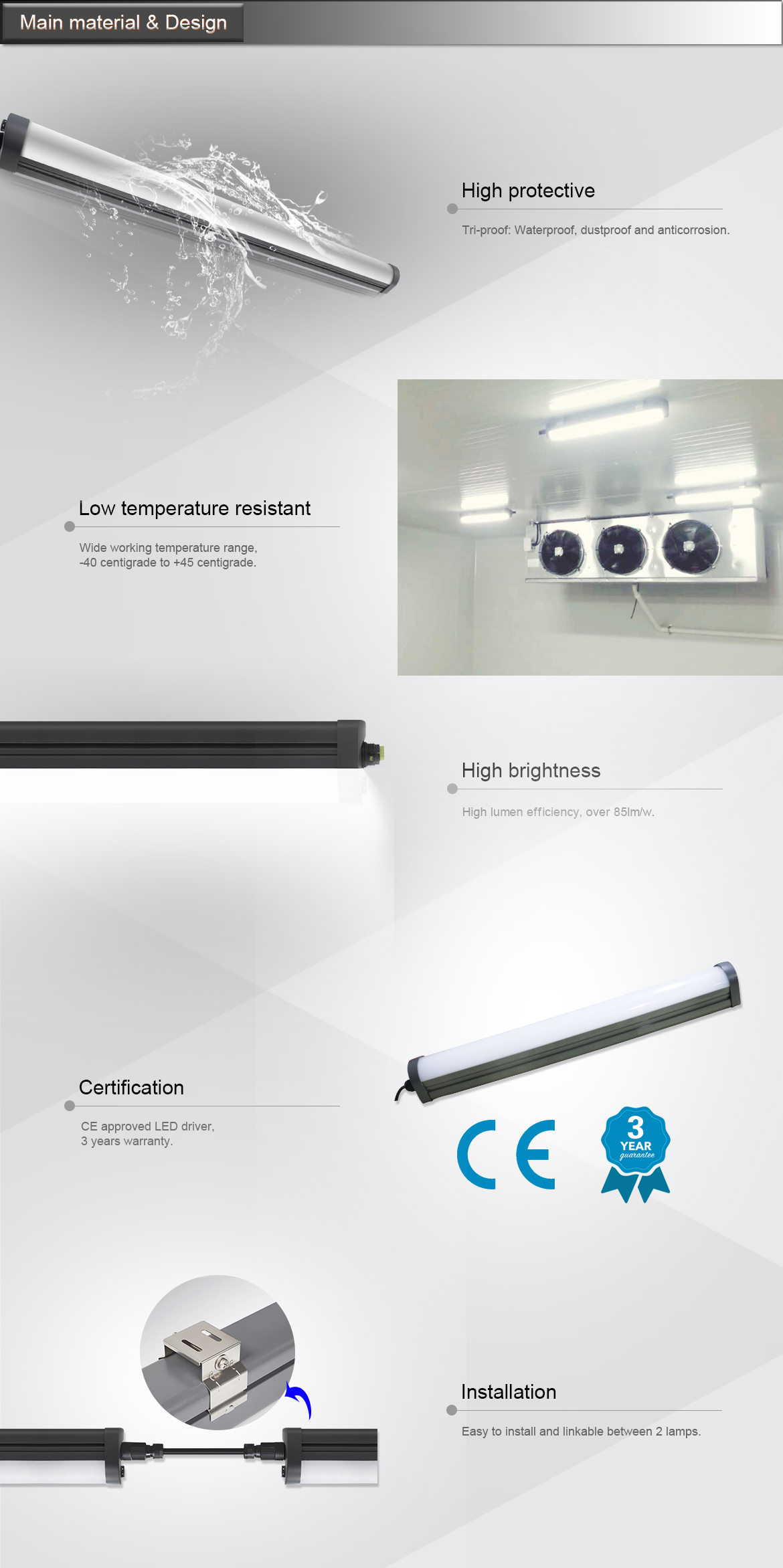 ONN-J02 IP65 Tri-proof Led Tube Light 600MM/1200MM 20W/40W