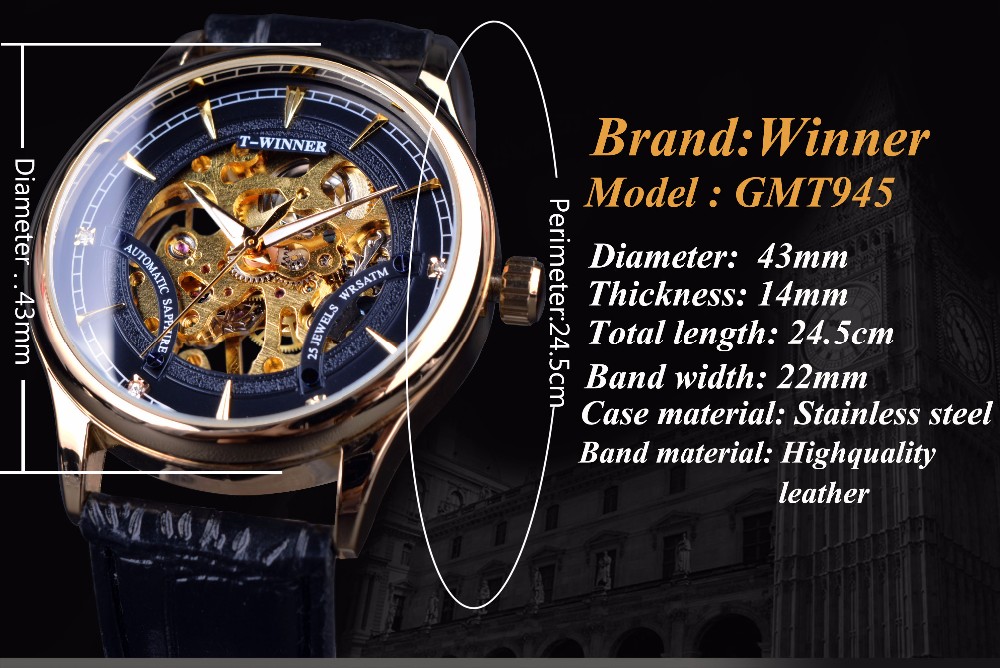 Fashion Black Golden Star Luxury Design Clock WINNER Mens Watch Top Brand Luxury Mechanical Skeleton Watch Relogio Masculino
