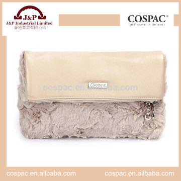 Kahki color fake fur rectangular shape cosmetic bag with flap cover