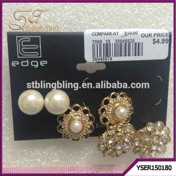 Gold plating series earring two pairs flower earring with one pair pearl ball stud earring