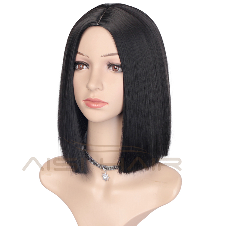 Synthetic Fiber Hair Wigs For Black Women Short Bob Silky Straight Black Heat Resistant Cosplay Party Wigs
