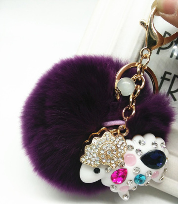 Colored Genuine Rabbit Fur Pom Ball Crystal Pendant Keychain