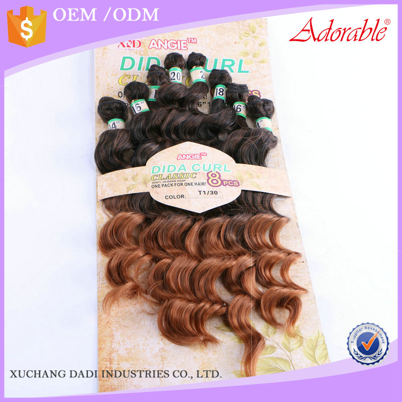 Adorable cheap premium fiber dida curly 8pcs hair weave,Angie mixed two tone color synthetic hair extensions for black