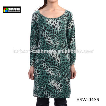 Woman Wool Leopard Dress, Green Woolen Dress