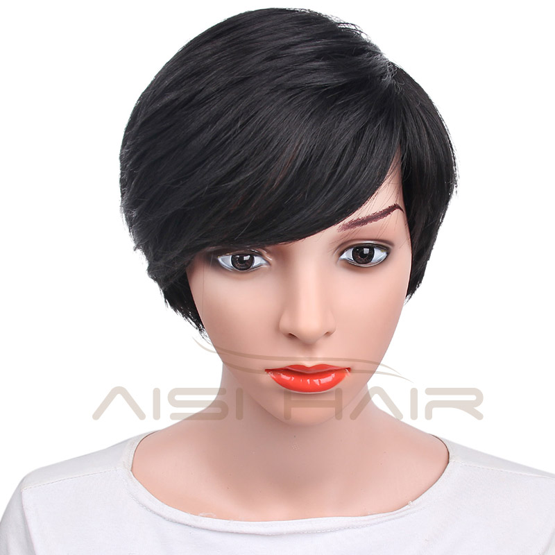 Aisi Hair Top Quality Synthetic Pixie Cut Short Black Wigs For Black Women Heat Resistant Fiber
