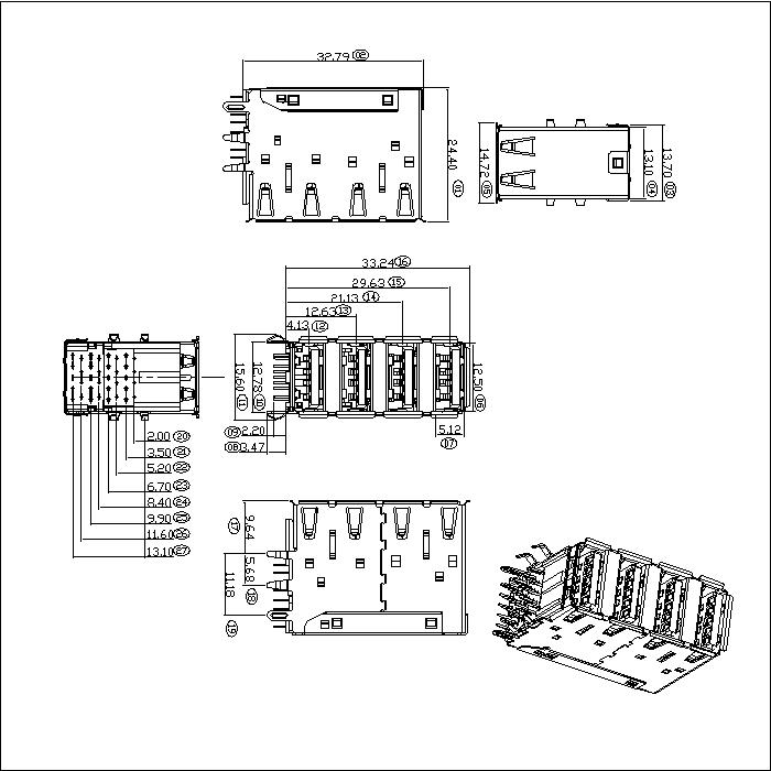 U3AFR11-XXXXX 4xUSB 3.0 AF 90 Degree Dip Bent Foot 3.5, Foot Length 3.47