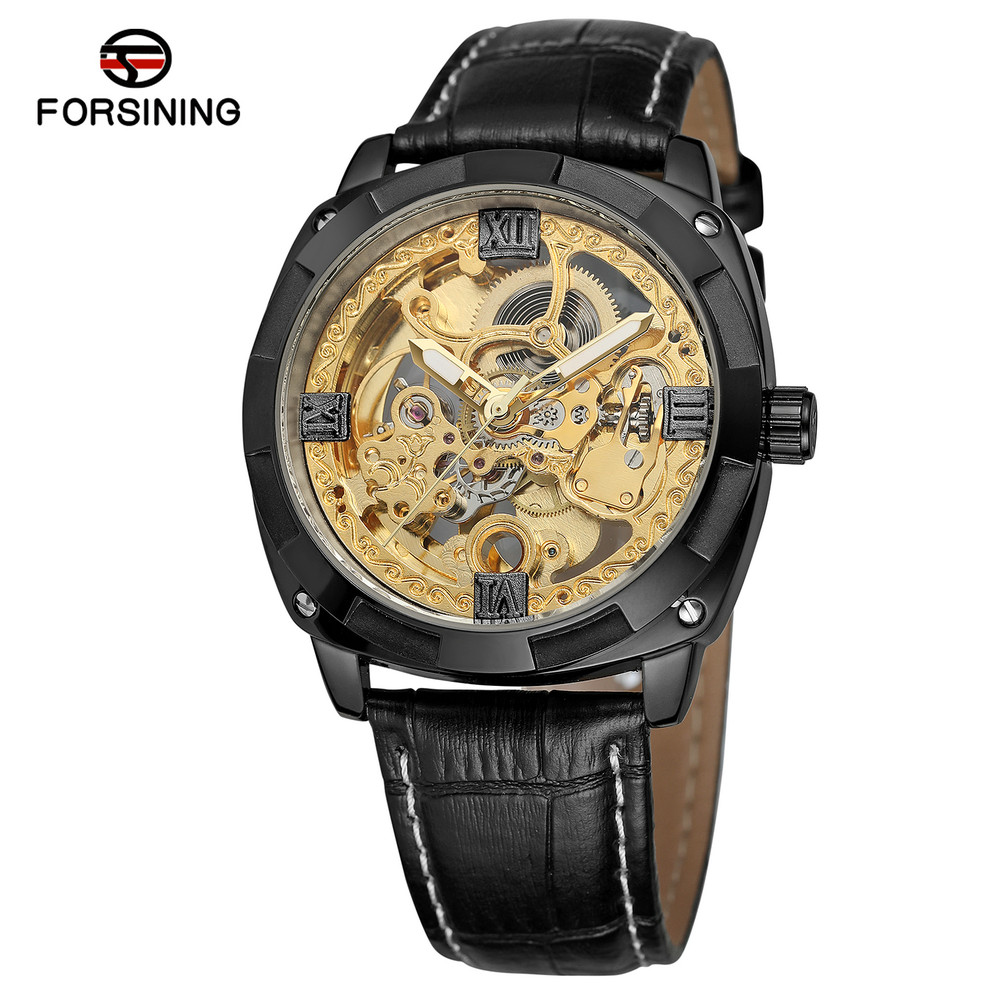 FORSINING 207-1 Men Automatic Mechanical Watch Leather Strap Wristwatch High Quality Skeleton Watches