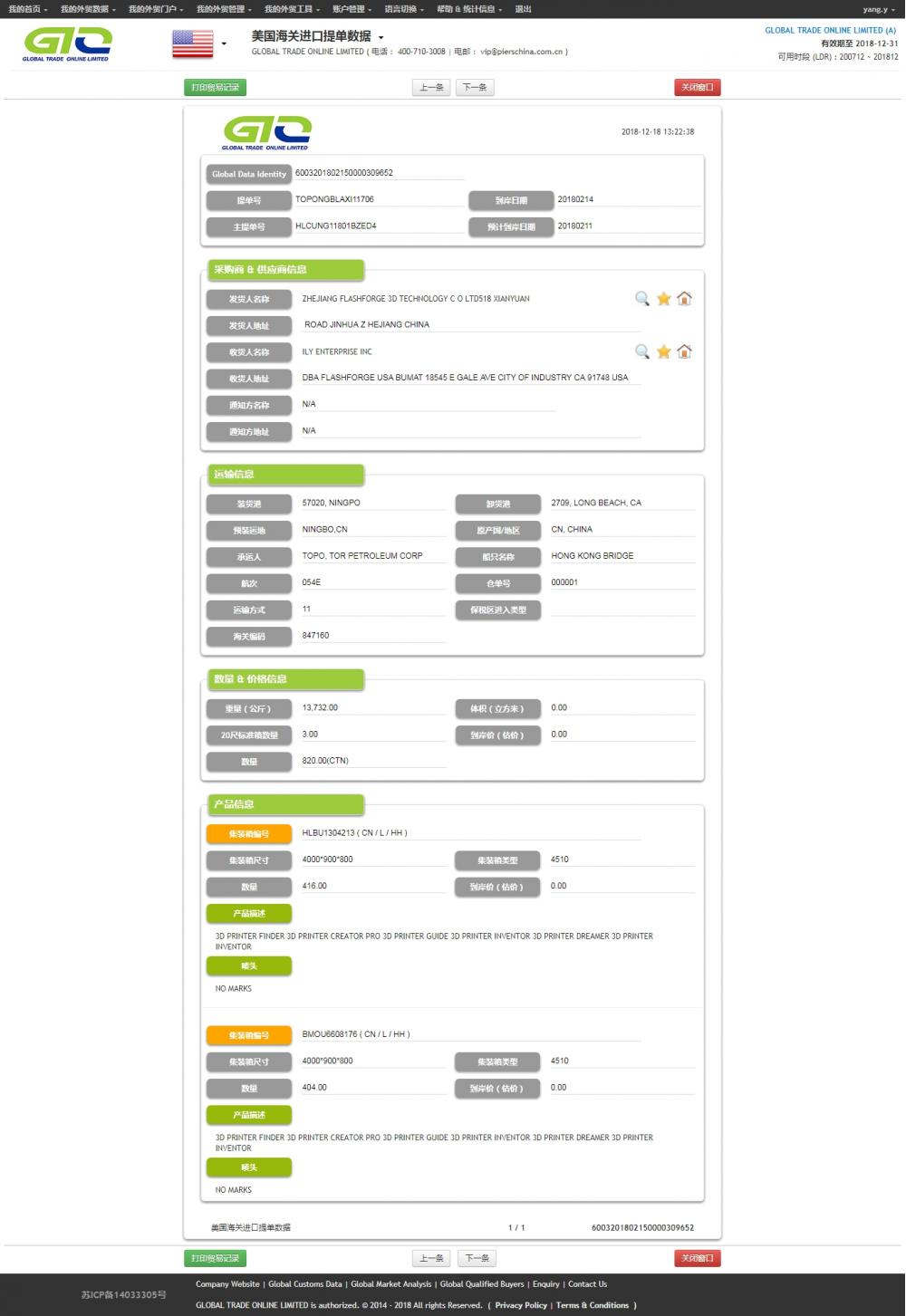 Impressora 3D --USA Import Customs Data