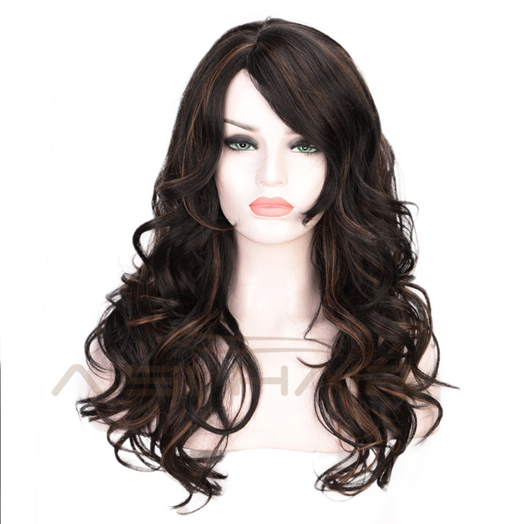 Heat Resistant Black Mixed Black Body Wave Synthetic Long Wavy Fiber Hair Wig For Black White Women Cosplay  Wigs