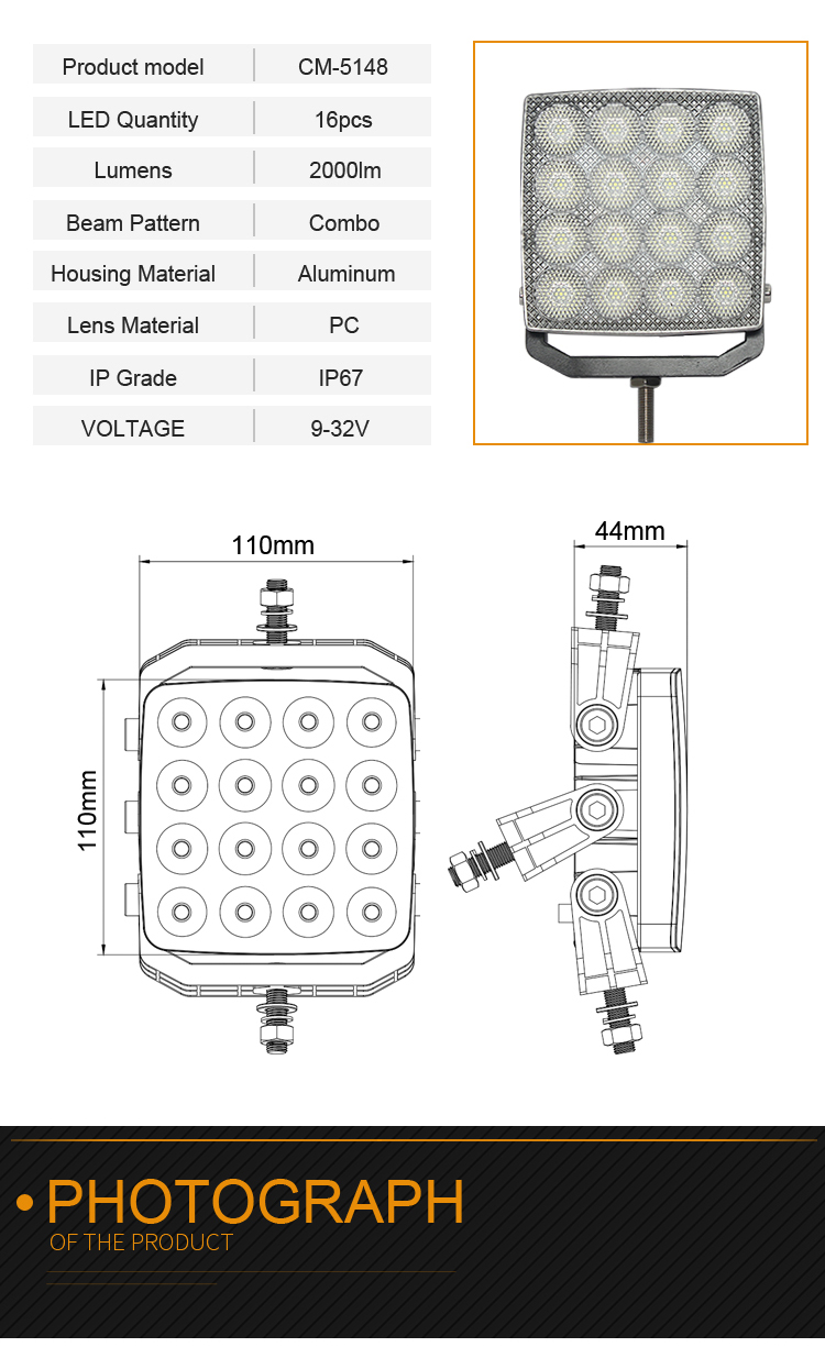 4.3 "quadrada 48w três instalações Luz de trabalho LED, luz de trabalho universal reversa, luz de trabalho offroad ATV UTV LED