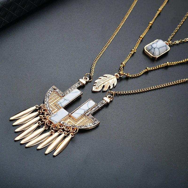 Simple Multi-Layer Bohemian Natural Stone Leaf Alloy Pendant Necklace