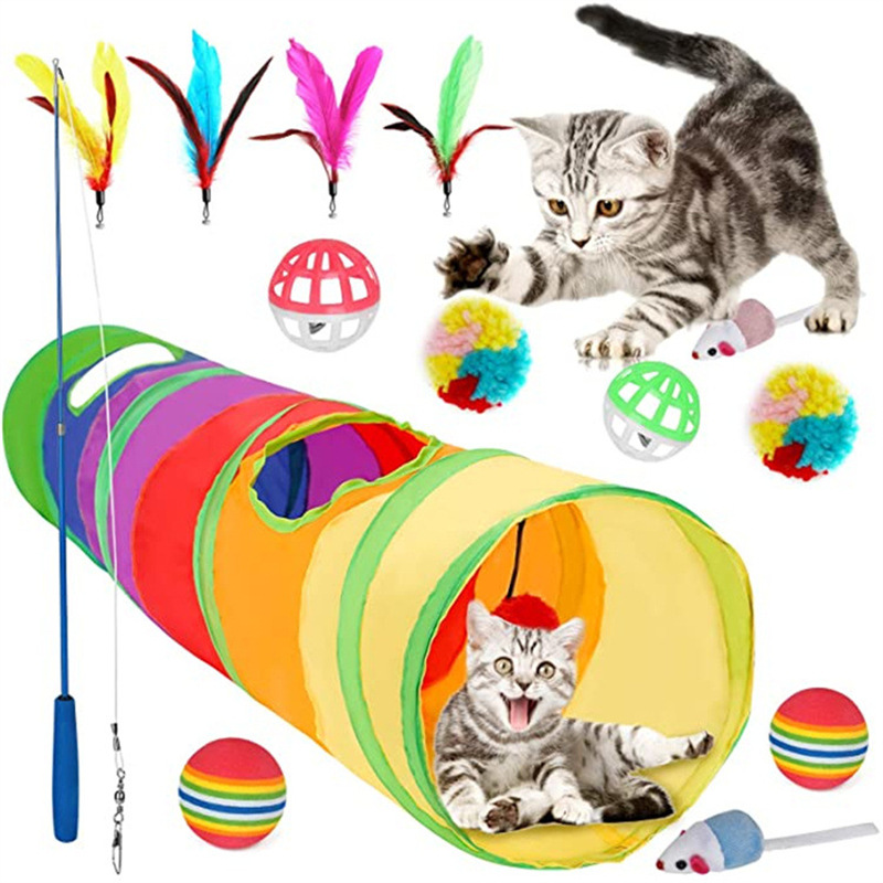 The New Pet Cat Toy Set Rainbow Blue Three-channel Tunnel Through Feather Toys Cat Pet Products