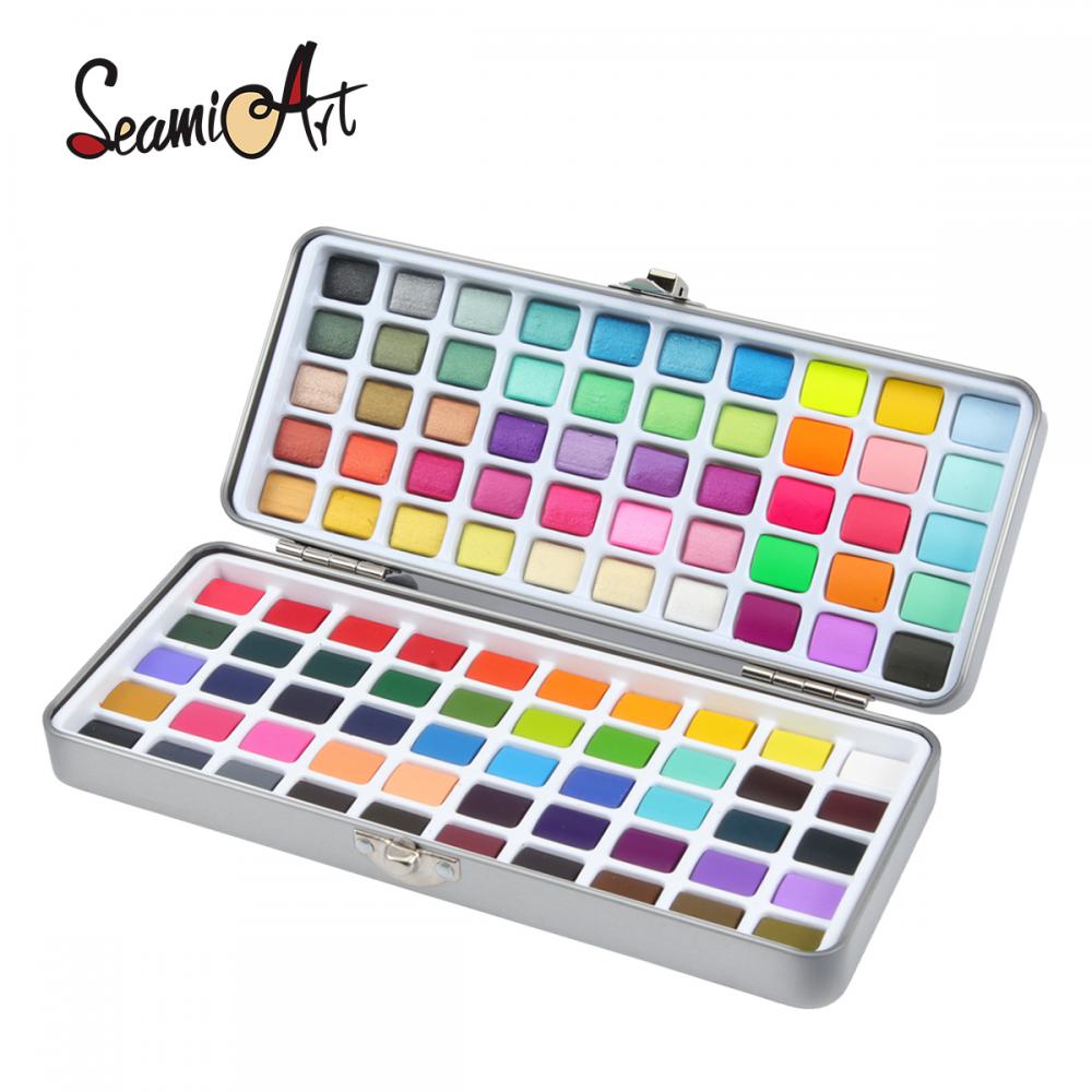 100 solid watercolor paint set, metallic & fluorescent color, comprehensive watercolor collection