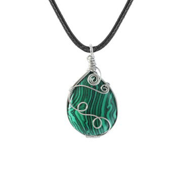Malachite 25x35MM Teardrop Pendant (28X50MM) Wrapped Steel Wire Necklace 45CM Black Cord