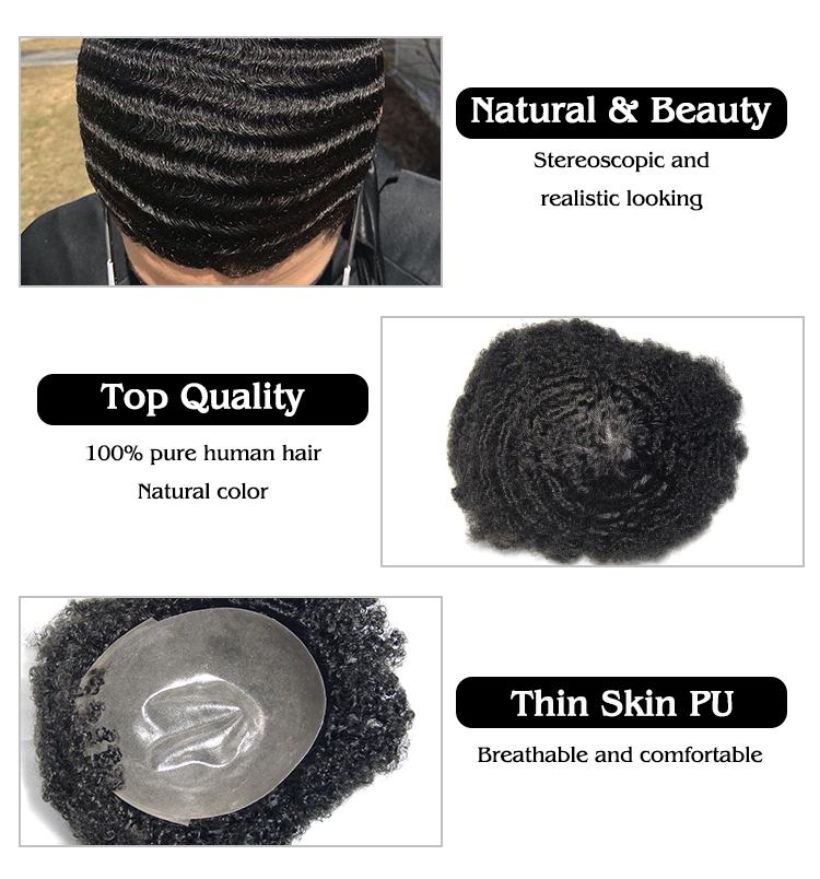 Custom fashion natural afro curl pu skin top toupees, 100% brazilian human hair toupee for men, afro men toupee for black men