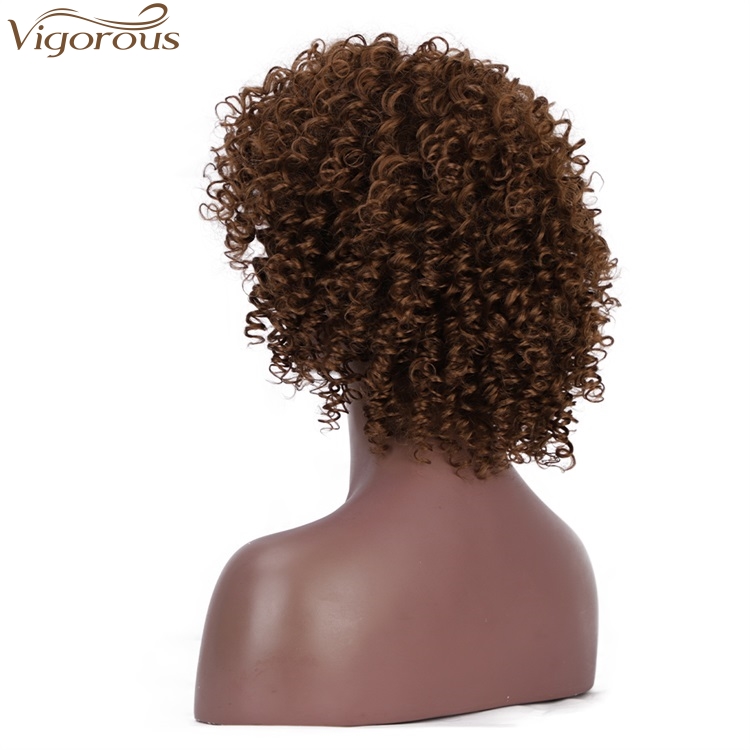 Vigorous 14 inches Afro Kinky Curly Wig With Bangs Synthetic Wig Short Brown Color Wigs for Black Women High Temperature Hair