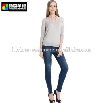 V Neck Long Sleeve Grey Pullover, Plain Bat Sleeve Cashmere Pullover