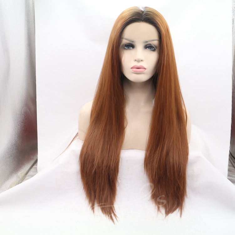 Vigorous ombre long straight premium high quality wholesale black women synthetic hair wigs with lace fron