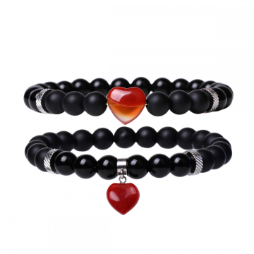 Gemstone Round Beads With Heart Charm Bracelets Black Matte Onyx Stone Stretch Bracelet Natural Stone Crystal Bangle 2PC