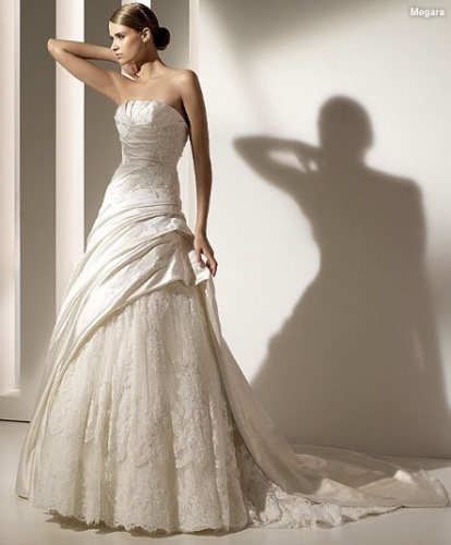 A-line Strapless Cathedral Train Satin Lace Beading Appliques Wedding Dress