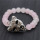 Pulsera de piedras preciosas elástica y cuentas redondas de cuarzo rosa 8 mm con pieza de cabeza de leopardo de aleación Diamante