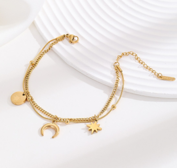 Double Layer Charm Titanium Moon Star Cuban Bracelet