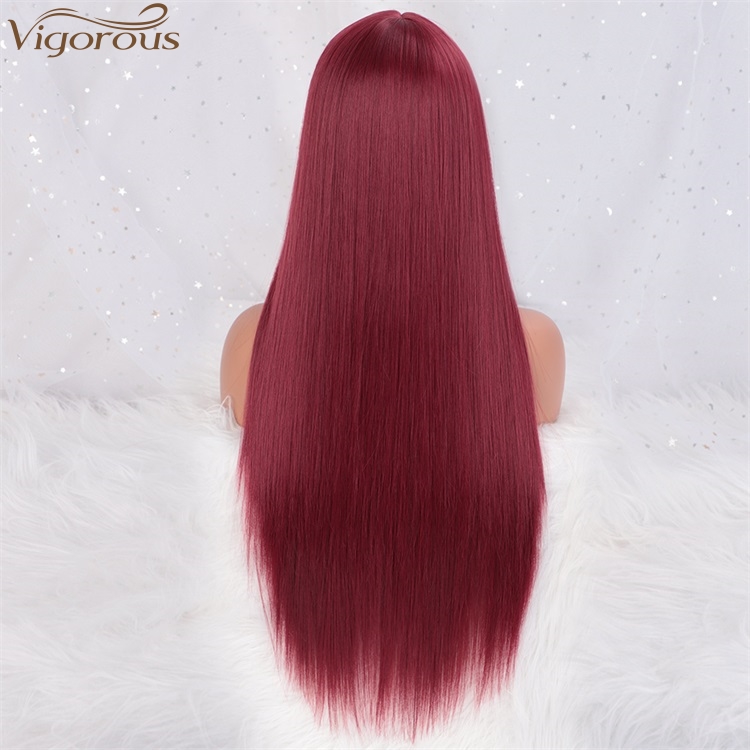 Vigorous Long Silky Straight Red Lace Front Synthetic Wigs With Bangs For Women 28 Inches Glueless High Temperature Hair Wig